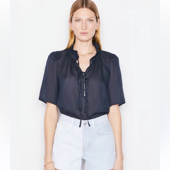 Frame Denim Tops - Frame denim tie neck ruffle pop over dark blue lightweight boxy top
